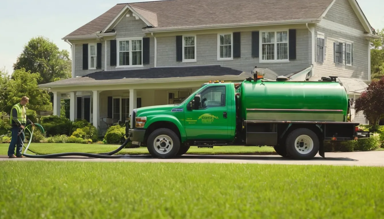 Provider's pump truck parked near a suburban home in the Alexandria area during a septic tank pumping visit